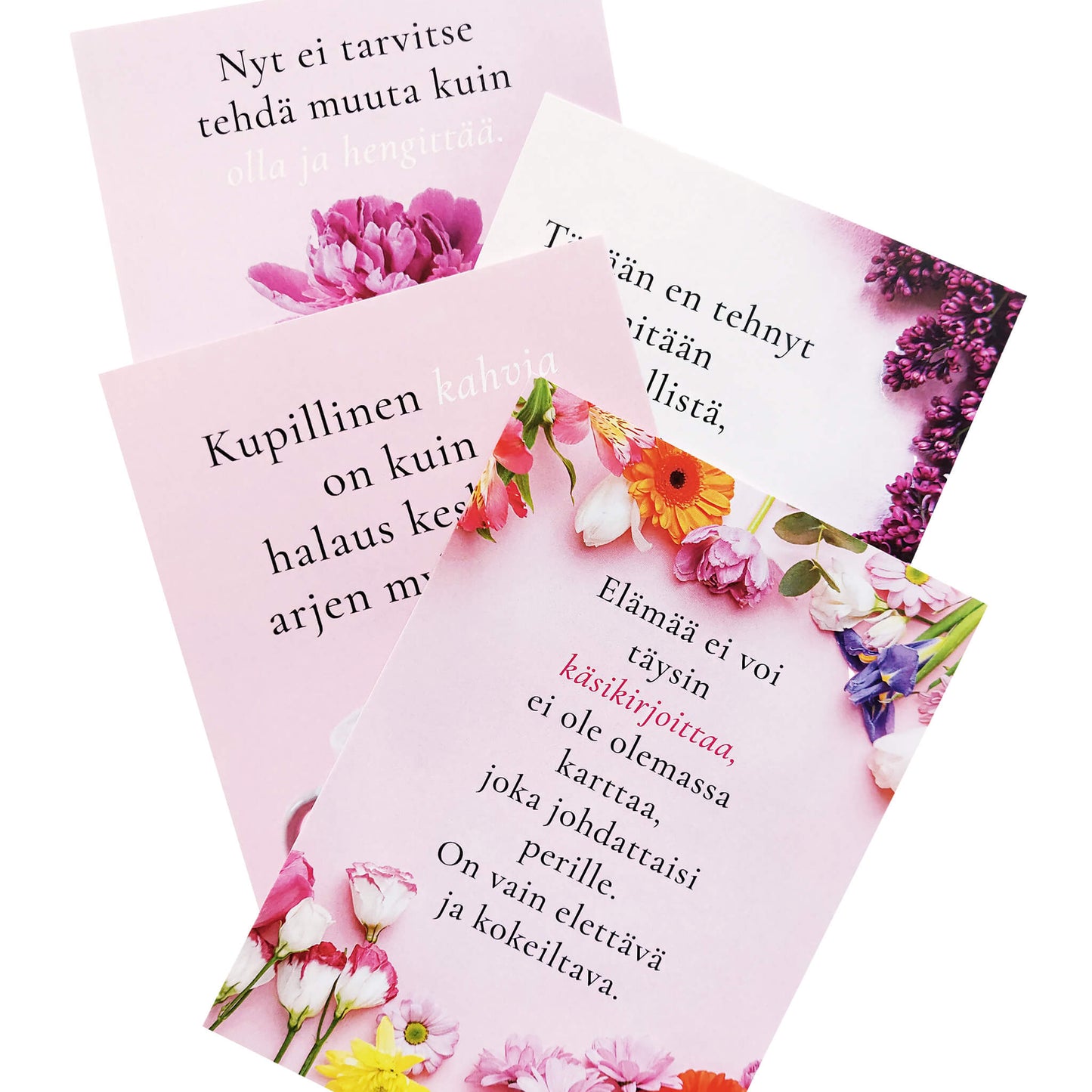 Postikortti lajitelma. 4 erilaista mietelause postikorttia.