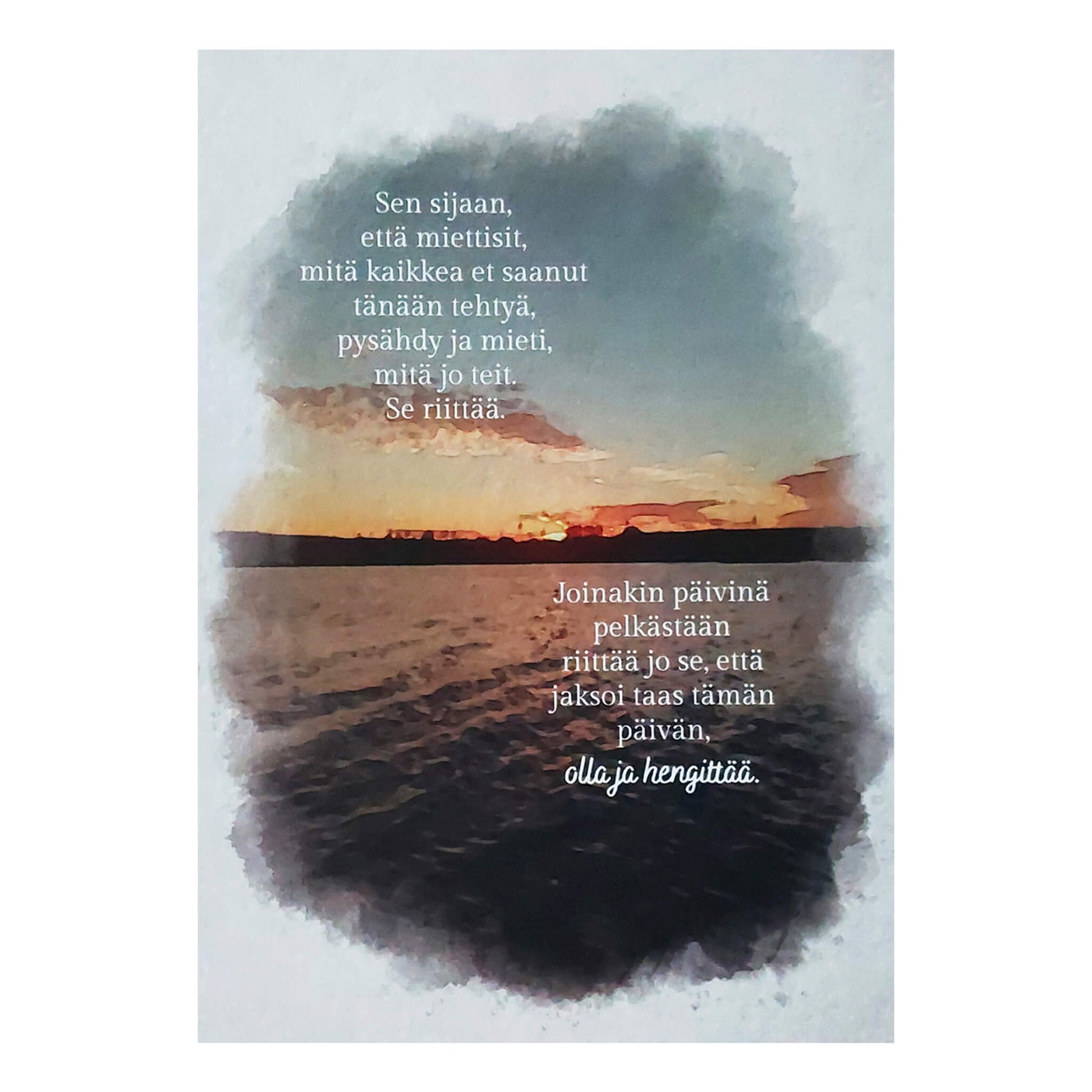 Postikortti jossa on järvimaisema ja auringonlasku. Kortissa on runo.