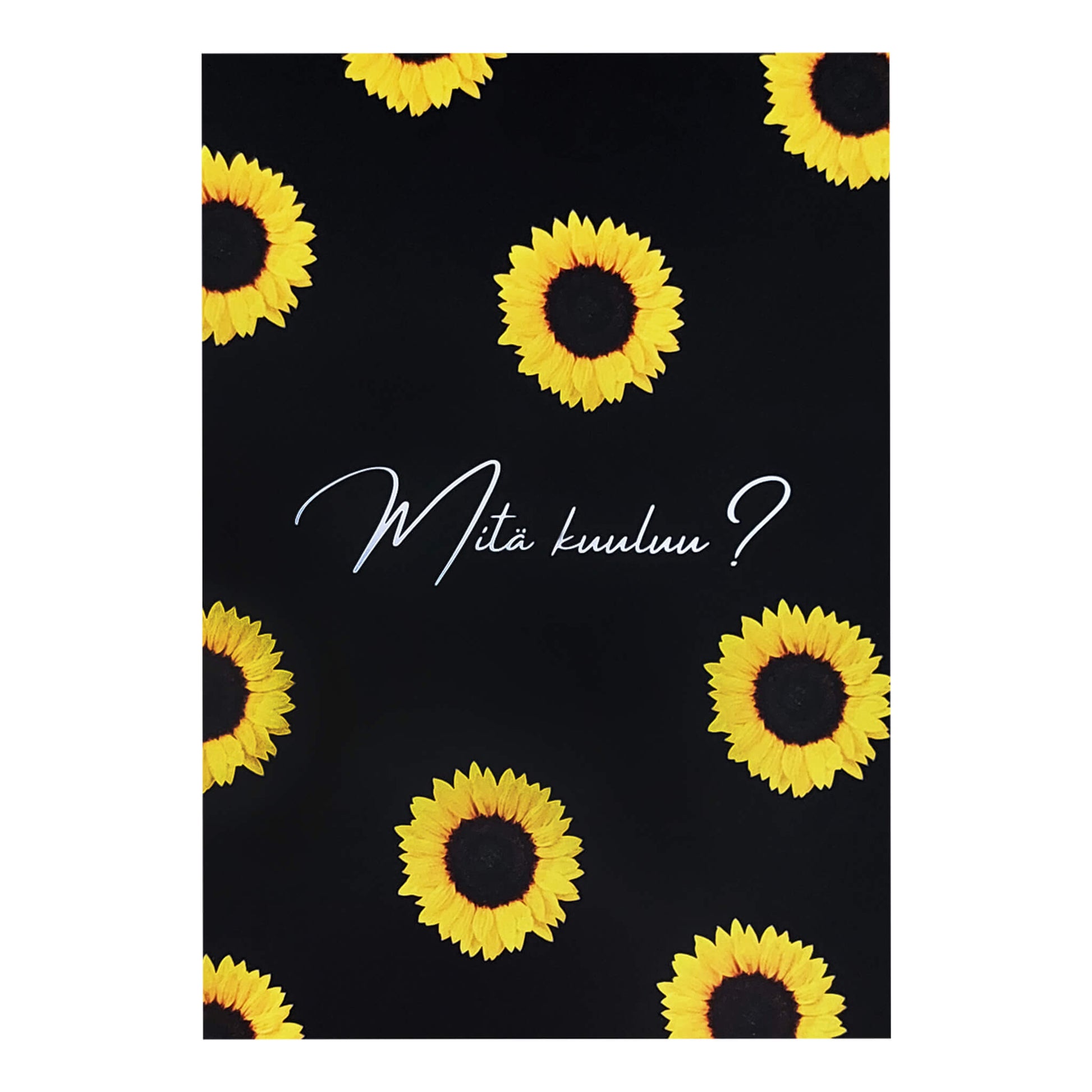 Postikortti tekstillä "Mitä kuuluu?". Kortissa on auringonkukkia.